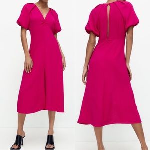 ZARA Balloon Sleeve Midi Dress in Fuchsia